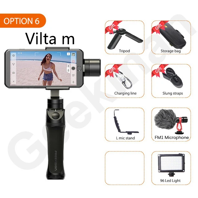 Обратитесь в службу поддержки по купонам Freevision Vilta M Pro Vilta-m 3-осевой Карманный шарнирный стабилизатор для смартфона стабилизатор для iPhone samsung GoPro Экшн камеры vs гладкой 4 Осмо 2 - Цвет: w led L MM1 Mic