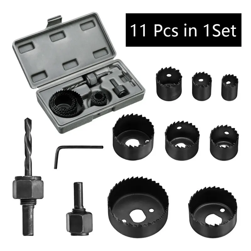 

11PCS/Set Hole Saw Drill Bit Kit 3/4" To 2 1/2" Mandrel Wood Sheet Metal Plastic Carbon Steel Widely Durable High Quality Hole