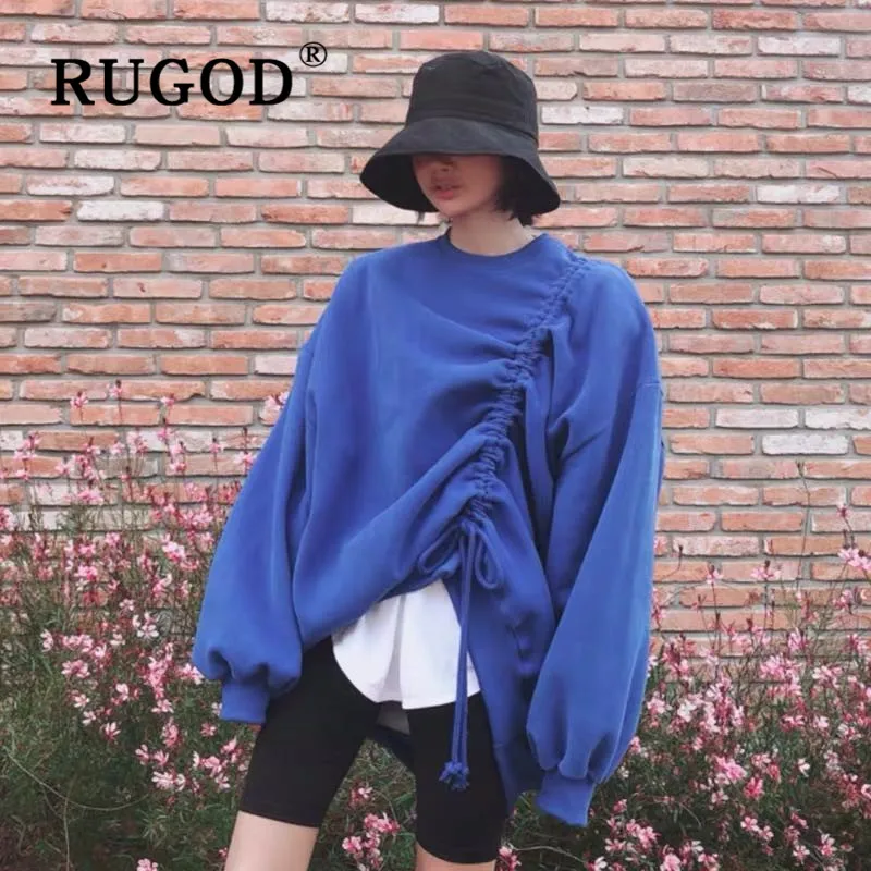 RUGOD Женская толстовка Новое Осеннее поступление однотонный плиссированный Свободный пуловер с круглым вырезом на шнуровке корейский модный Теплый Женский Топ