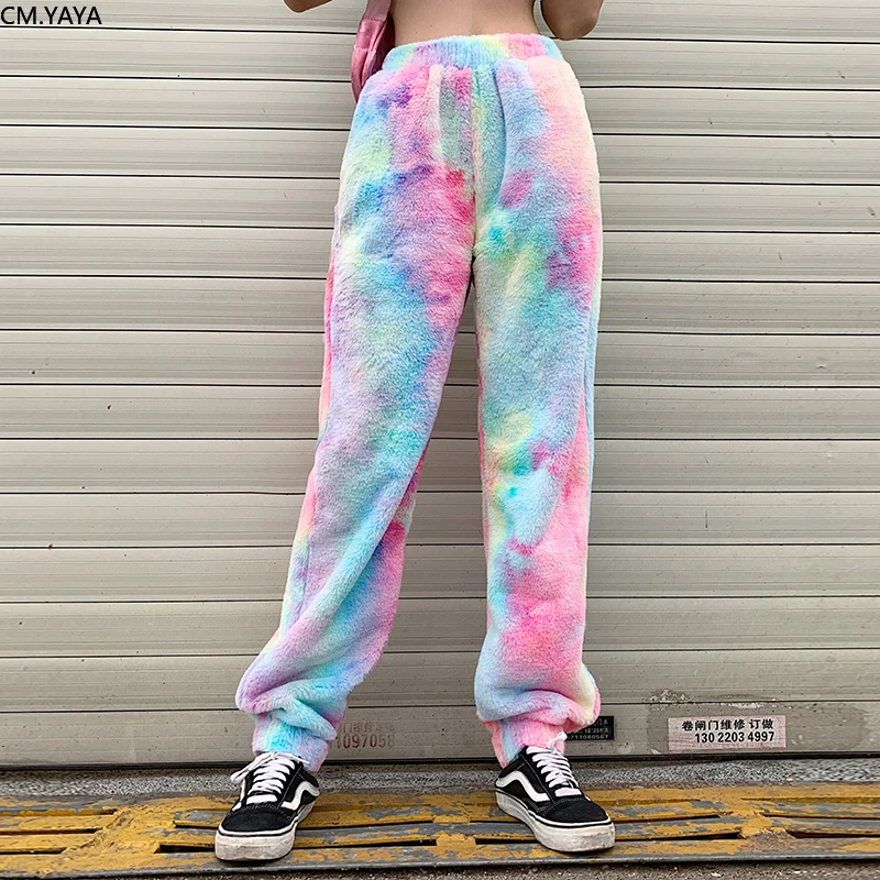 Осенне-зимние женские модные брюки с радужным принтом Tie Dye, теплые кашемировые шаровары с высокой талией, Свободные повседневные брюки GLW09