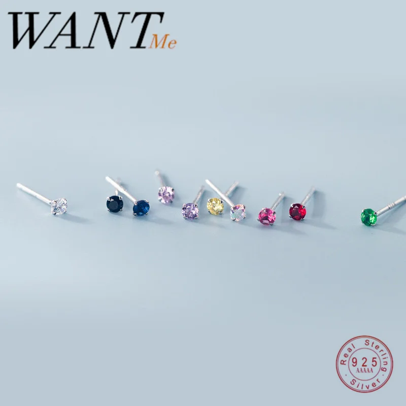 Женские круглые серьги гвоздики WANTME маленькие из настоящего стерлингового серебра 925 пробы с цирконием для