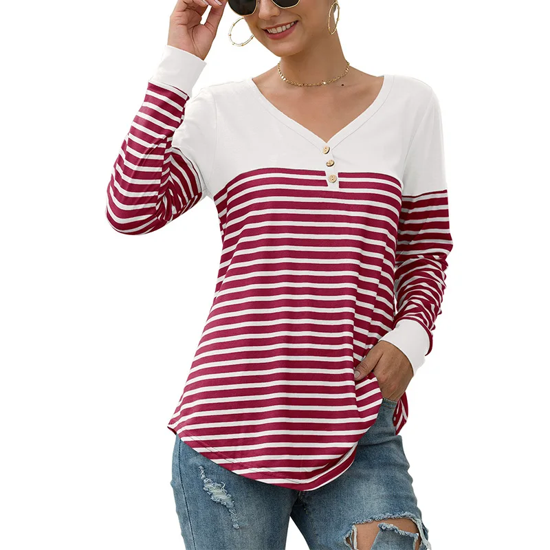 Повседневная футболка с длинным рукавом женский осенний топ тройники полосатая Лоскутная футболка с v-образным вырезом пуловер Женская одежда
