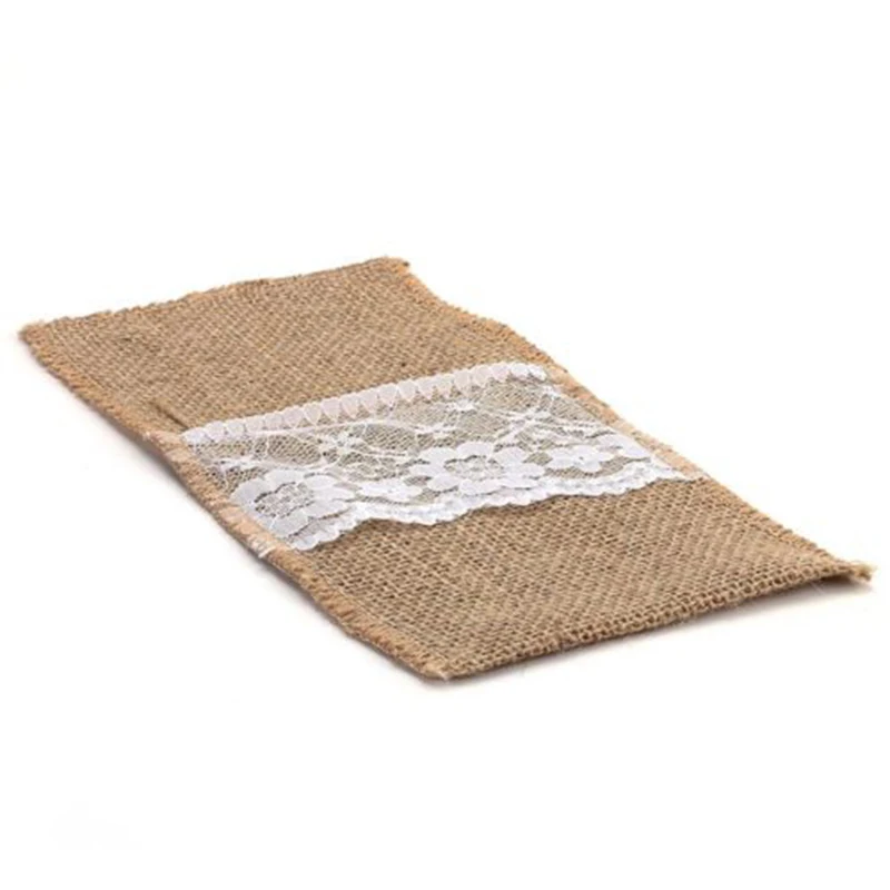 

Retro Burlap Lace Wedding Tableware Bag Cutlery Holder Organizer Decoration