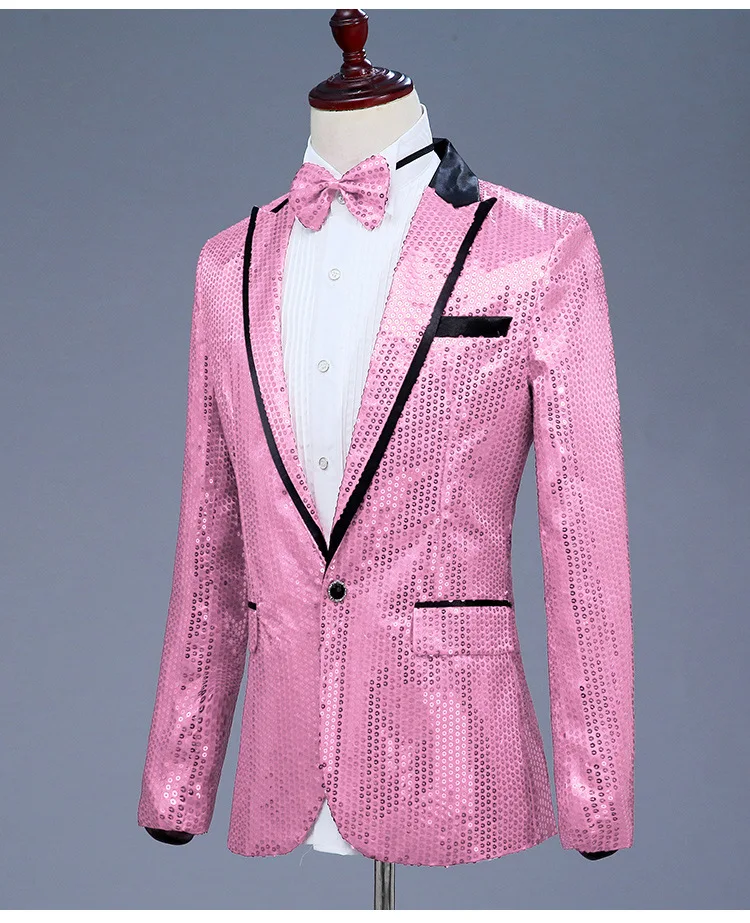 Pink Sequin One Button Dress Blazers Nightclub Prom Men Suit Jacket Wedding Stage Singer Costume (Bowtie Include)