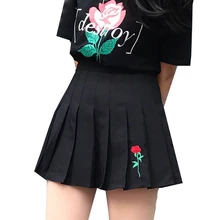 Классическая женская черная плиссированная рубашка с вышивкой розы с высокой талией шикарные юбки в складку Студенческая Девичья танцевальная юбка