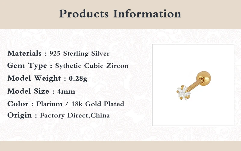 2pcs 925 Sterling Silver Aretes Piercing Stud Earring For Women Girl Cartilage Ear Bone Earlobe Buckle Cartilage Earring Jewelry