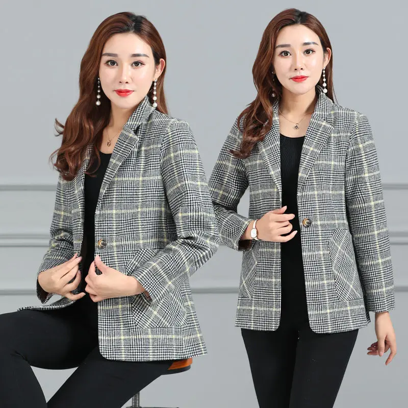 Vangull Women Autumn Plaid Blazer Spring Long Sleeve Slim Checked Coat Formal Jacket Office Suit Lady Outerwear Plus size XXXXL