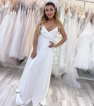 

Wedding Dress Satin Sleeveless Sweetheart Spaghetti Strap 2020 Floor Length Simple Bridal Gown White Simple Custom Made Pleat