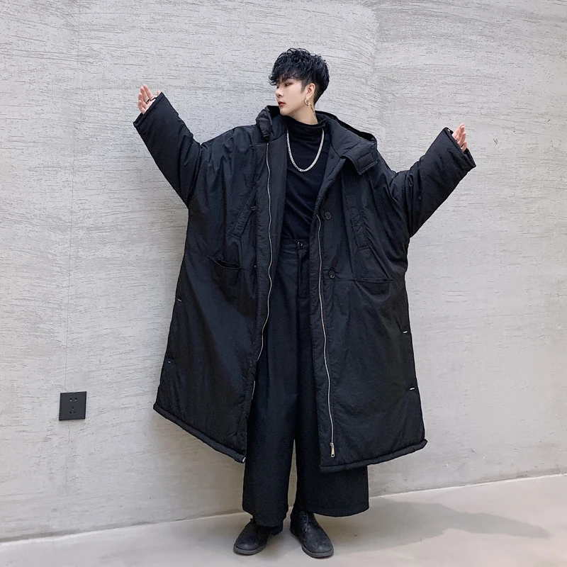 Men Winter Long Loose Hooded Parka Jacket Overcoat Male Japan Street Dark Black Cotton Padded Thick Coat Outerwear