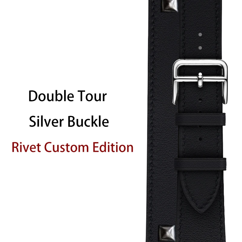 40 мм 44 мм черный ремешок для Apple Watch Series 5 ремешок для часов из натуральной кожи браслет один двойной тур полосы для iWatch серии 3 2 - Цвет ремешка: Double-Silver-Rivet