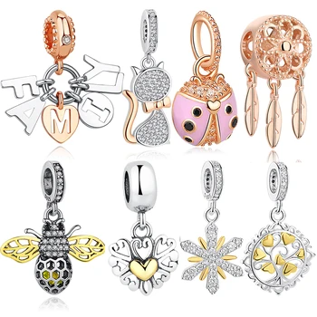 

925 Sterling Silver Charms Rose Gold Family Tree Bee Cat Dangle Bead Fit Pandora Charm Silver 925 Original Bracelet DIY Jewelry