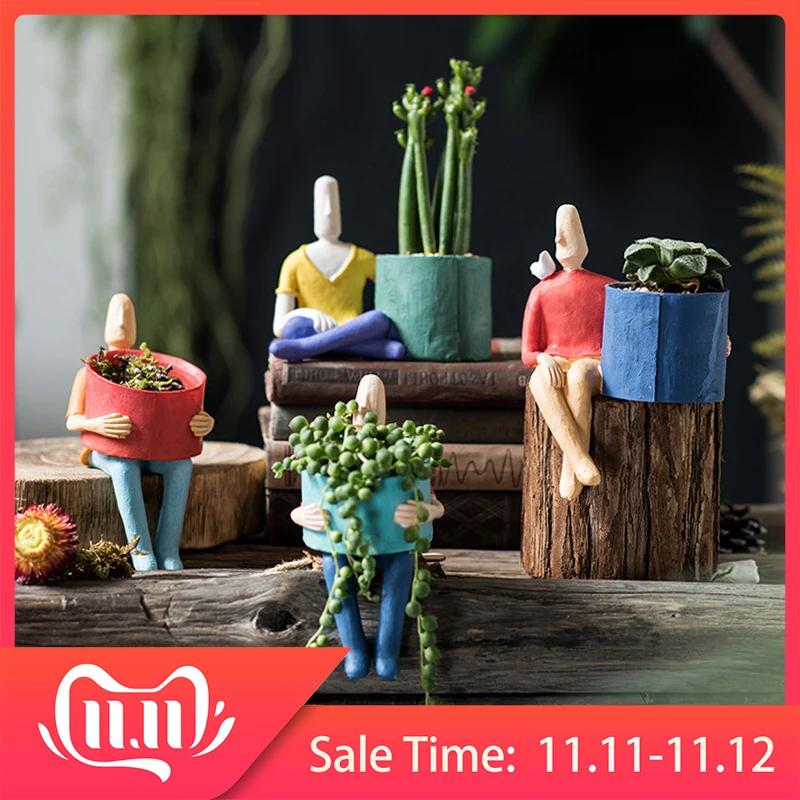 Achat Personnage de dessin animé en céramique Pot de fleur succulentes abstraite visage humain Pot de fleur maison bureau Vase Micro paysage décoration