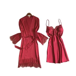 Spring Summer Women Robe & Gown Sets Sexy Satin Sleep Lounge Pijama Silk Nightwear Bathrobe+Night Dress Chest Pads
