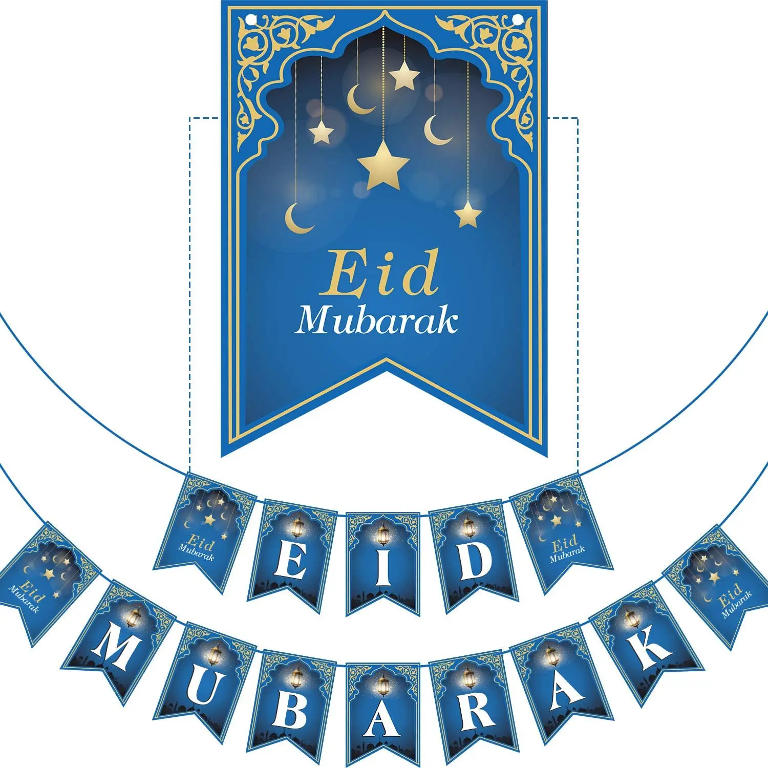 muslim party MHA UK branded Eid Mubarak foil party decoration banner in blue or green-Islamic Blue 
