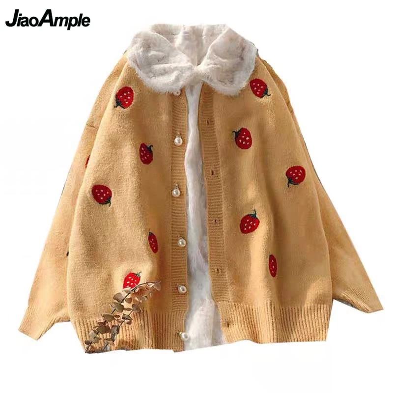 

Women Autumn Sweater Coats 2020 Korean Girls Student Sweet Embroidery Strawberry Cardigans Fashion Joker Pearl Button Top Jacket