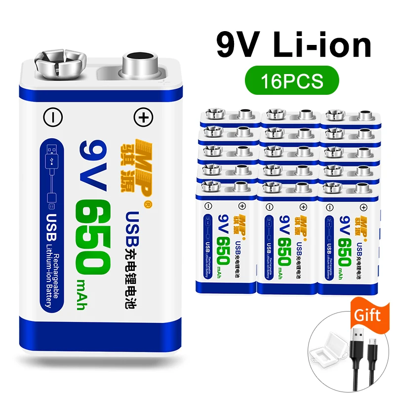16pcs 9V 6F22 650mAh литий-ионная аккумуляторная батарея 9 v литиевая батарея для мультиметра игрушечный микрофон Пульт дистанционного управления KTV использование - Цвет: 16pcs