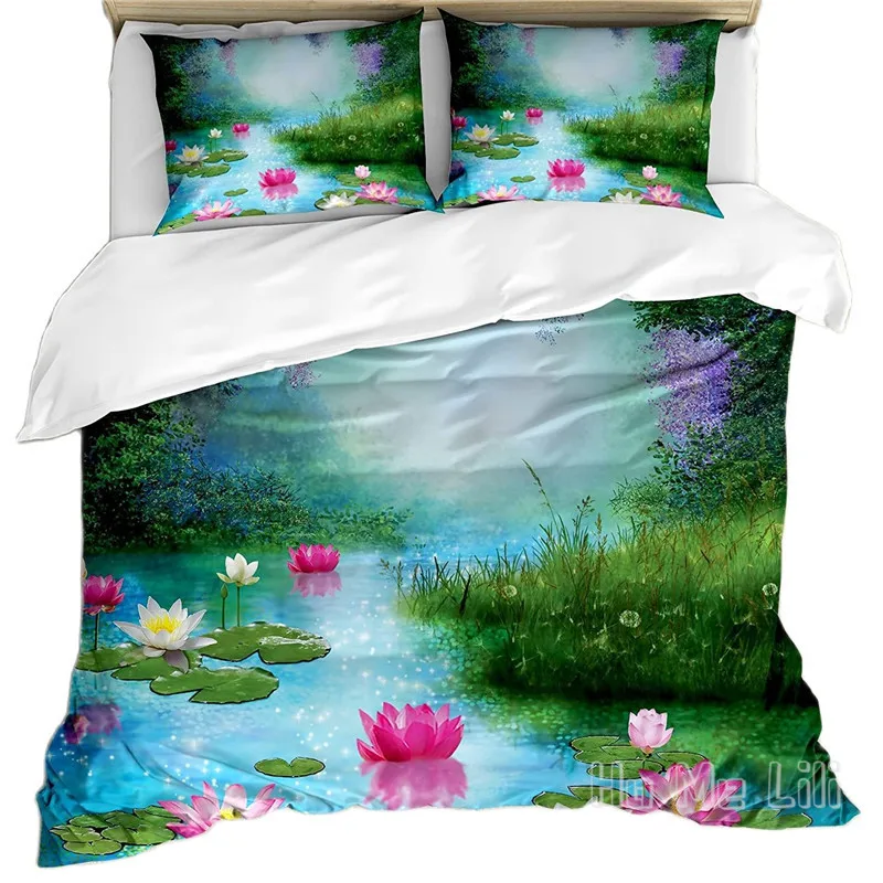 

Nature By Ho Me Lili Duvet Cover Set Fantasy Pond Water Lilies Floating Romantic Lotus Digital Art Decora Bedding