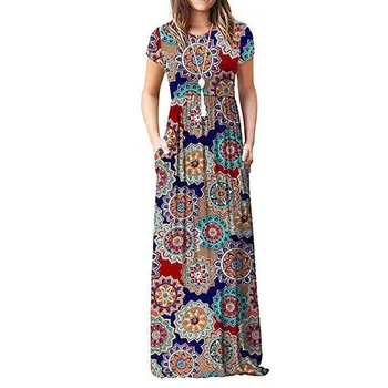 

2019 Summer Short Sleeve Vintage Long Women Dresses O-Neck Casual Loose Maxi Dress Geometric Print Female Robe Dress Vestidos