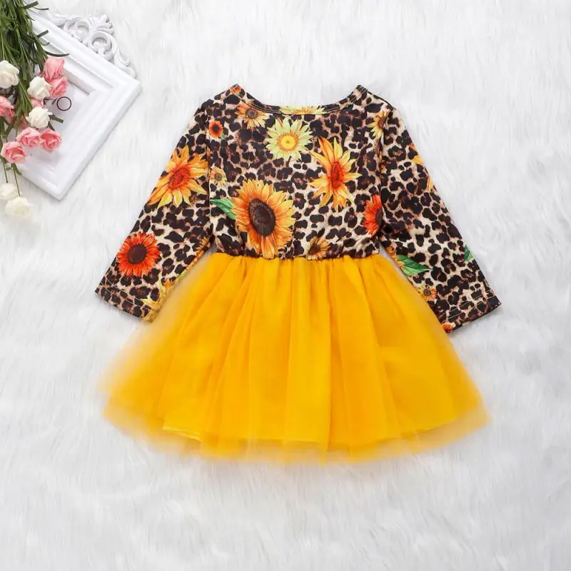 Новое милое платье для маленьких девочек осеннее повседневное Сетчатое платье в стиле пэчворк с длинными рукавами и леопардовым цветочным