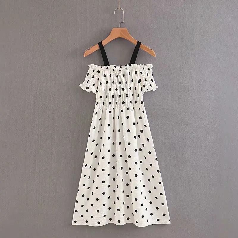 

Summer Fresh And Sweet Horizontal Neck off-Shoulder Mid-length Strapped Dress New Style Retro Polka Dot Dress Children Students