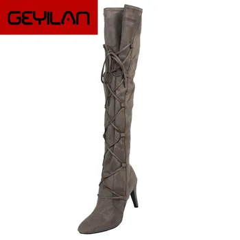 

Women Boots Fashion Over Knee Boots Ladies Increased Over Elastic Stretch Platform Shoes Female Cross Lace Kneeth Booties