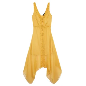 

Yellow Midi Dress For Women Summer 2020 New V-neck Ruffled Sleeveless Strap Irregular Long Dresses