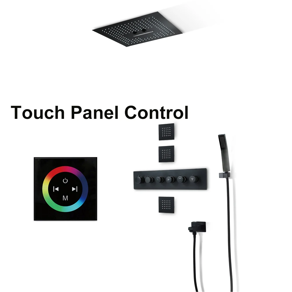 Touch Panel Control Черный светодиодный душ, потолочные смесители для душа, набор для ванной, массажный душ, термостатический смеситель - Цвет: Touch Panel Control