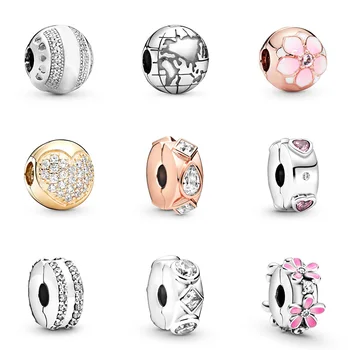 

Round Beads Charm 925 Sterling Silver Earth Heart Flower Rose Gold Stopper Clip For Women Diy Pandora Charm Bracelet Necklace
