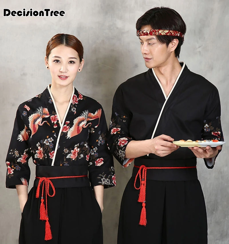 

2019 japanese chef uniform cook service top japanese sushi crane print chef service top jackect