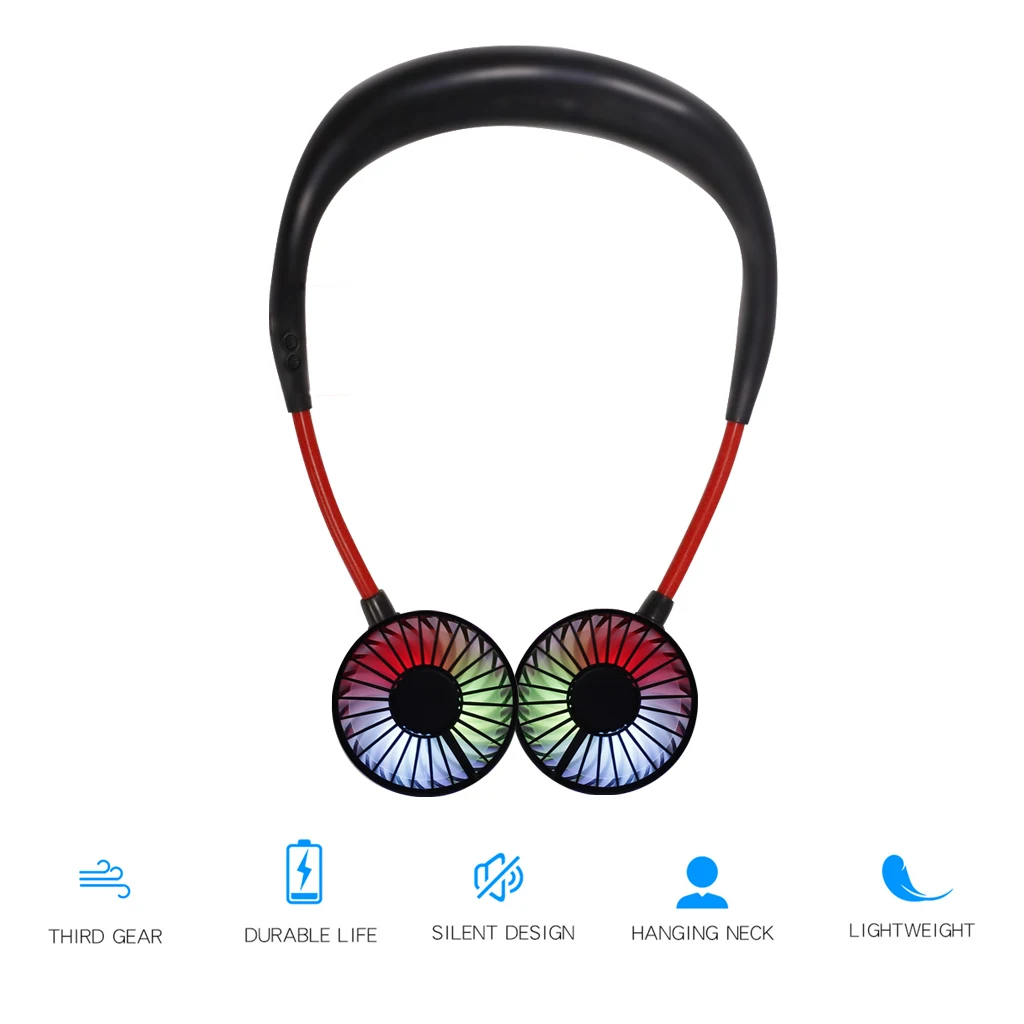 

USB Portable Fan Hanging Rechargeable Dual Fan lazy mini hanging neck 360 Degree 3 Speed Adjustable fan with Led Lights