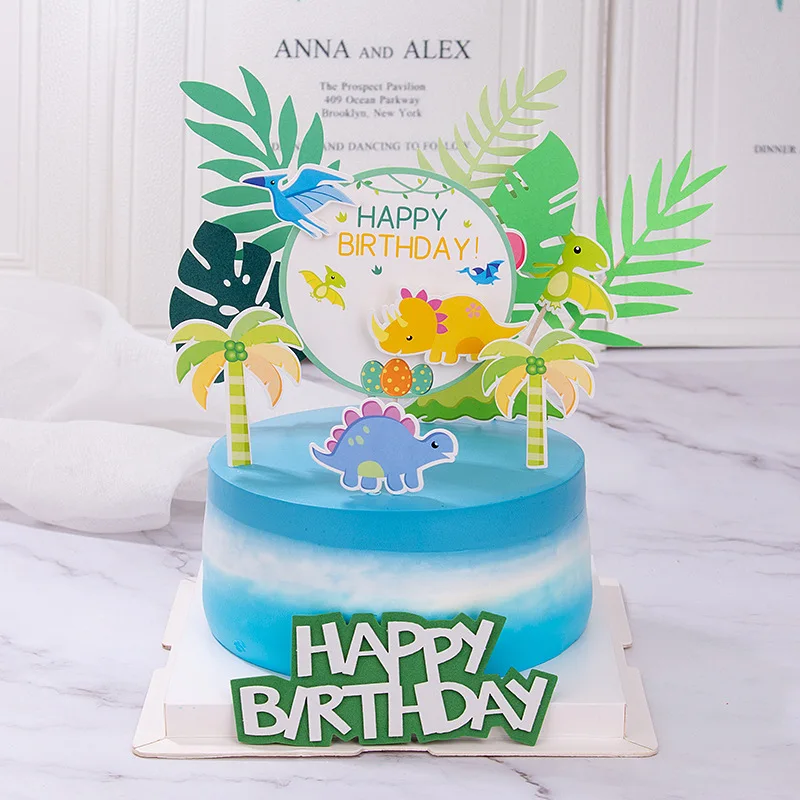 

Happy Birthday Cake Topper Cartoon Dinosaur Green Jungle Theme Baby Shower Baking Cake Decorations Boy Party Favors