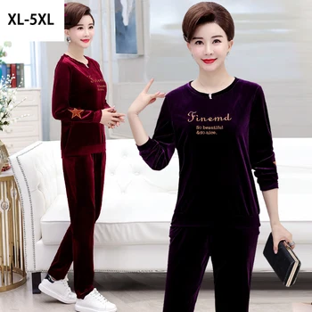 

Plus size 5xl Autumn Set Female 2019 Casual Gold velvet Tracksuit Women's 2 Set Round Collar Sweatshirt+Pants suits velvet set