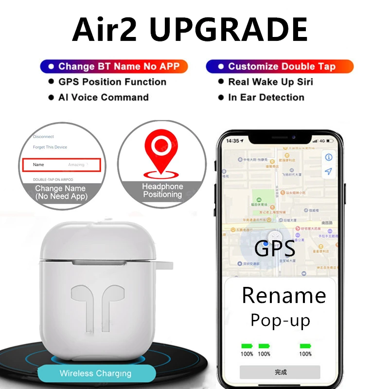 TWS 2 Ap размер 1:1 беспроводные Bluetooth наушники изменить имя gps позиционирование бас наушники ушной датчик PK W1 i9000 tws MX super
