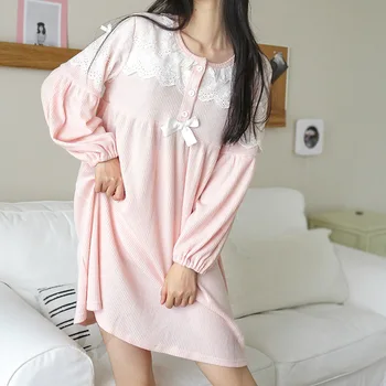 

Long-Sleeved Knit Dress Loose Sexy Nightdress Female Home Servic Autumn And Winter Ladies Korean Version Of The New Lace