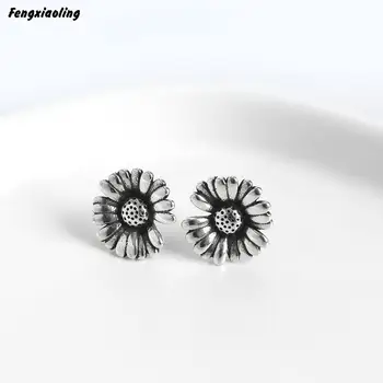 

Fengxiaoling 100% Genuine 925 Sterling Silver Vintage Daisy Flowers Stud Earrings For Women Fine Jewelry Cute Accessories 2020