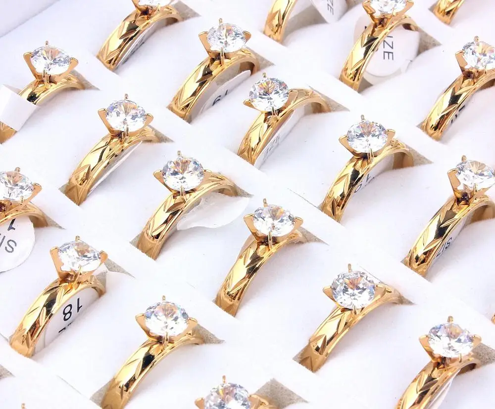

Wholesale Bulk 30Pcs Gold CZ Inlay Stone Stainless Steel Ring Men Women Wedding Valentine Xmas Gift 17-21MM Charms Jewelry