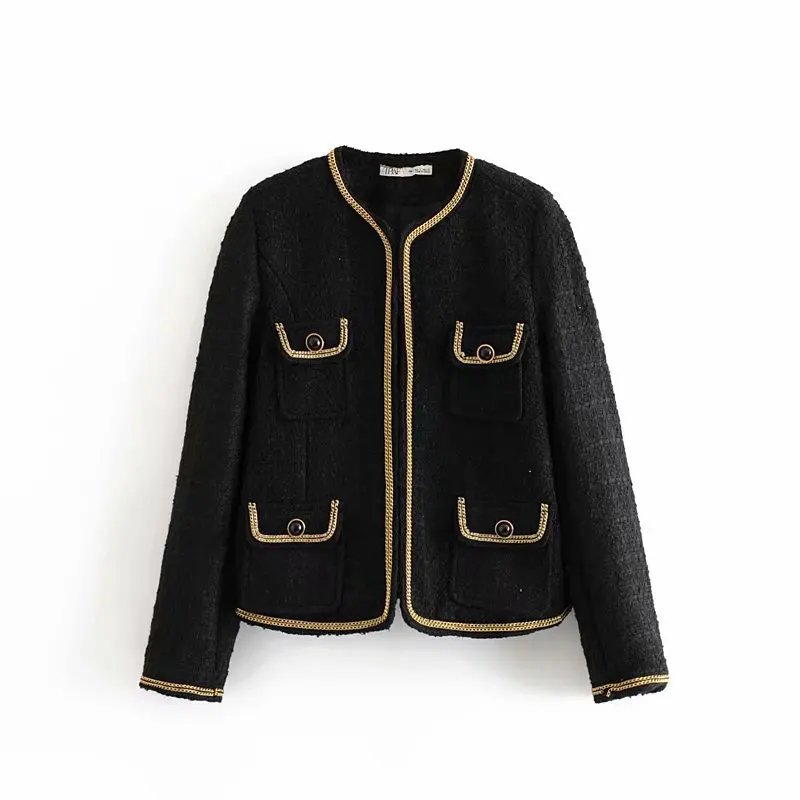 

Autumn Gold Chain Graceful Cardigan Coat Women's Long-Sleeve Black And White with Pattern Loose-Fit Tweed Short Coat Tops