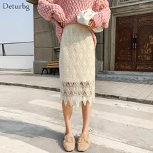 Женская элегантная кружевная юбка миди, Женская Корейская винтажная прямая юбка с высокой талией, Saias Faldas, весна SK481