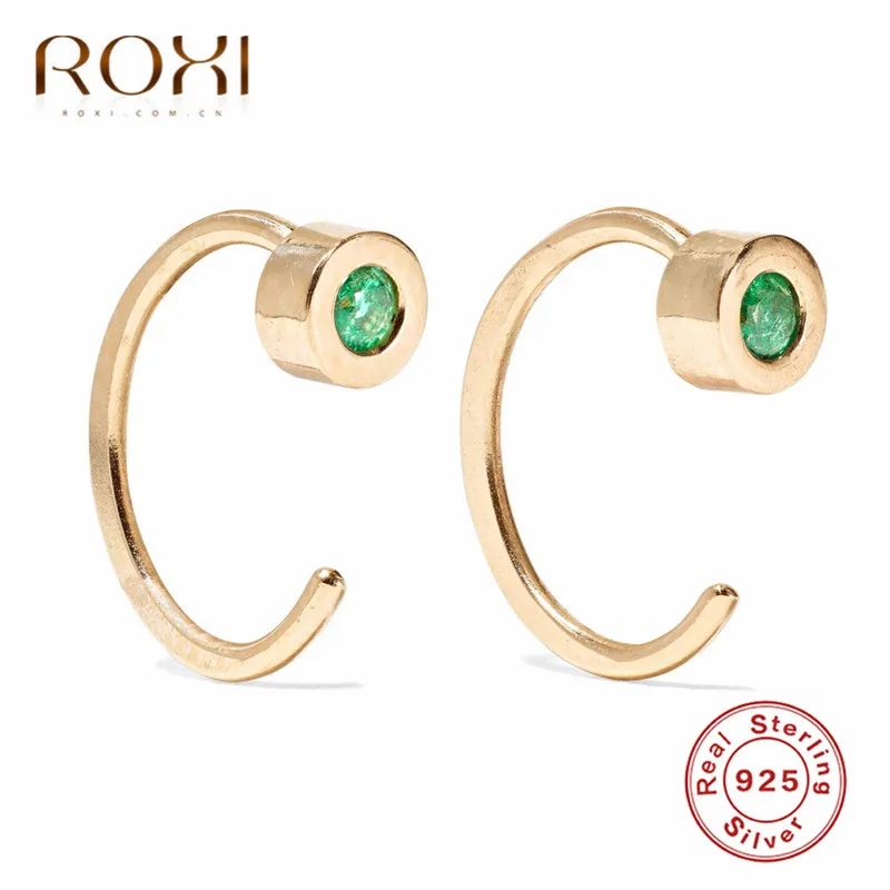 ROXI 925 пробы серебряные серьги-гвоздики для женщин минималистичные C образные серьги с Зелеными камнями хрящевая спираль Сережки для пирсинга