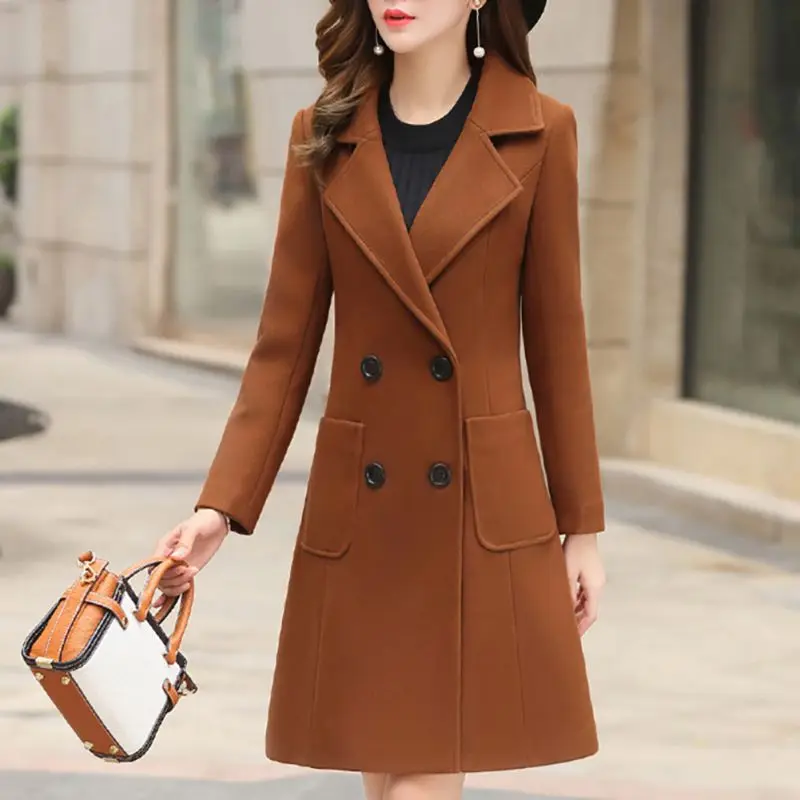 Осенне-зимнее шерстяное пальто из смешанной шерсти, повседневная шерстяная верхняя одежда, солидное пальто, Женское пальто, куртка с длинными рукавами и отложным воротником - Цвет: Коричневый