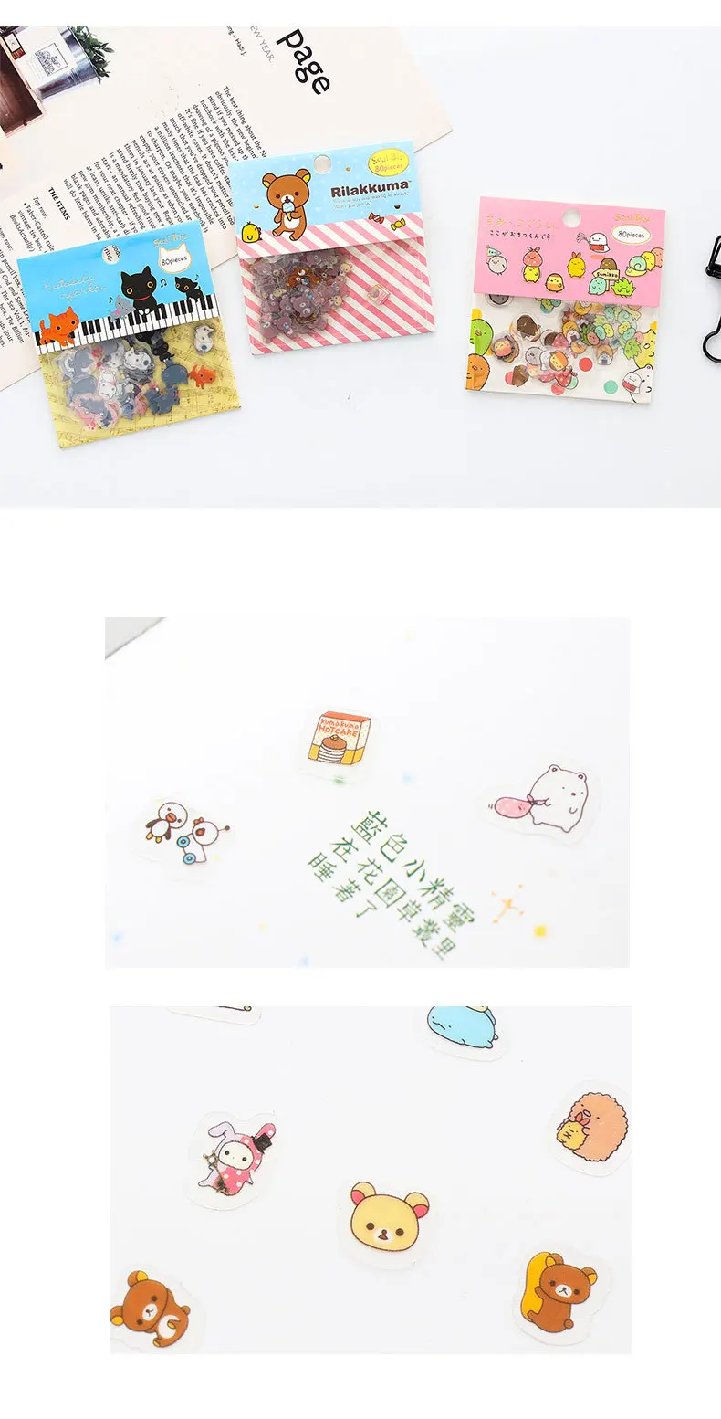 80 pcs/bag Japanese Stationery Stickers Cute Cat Sticky Paper Kawaii PVC Diary Bear sticker For Decoration Diary Scrapbooking