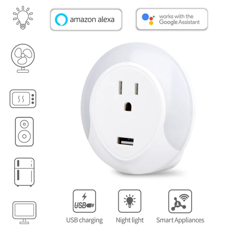 

WiFi Smart Socket US Plug LED Night Lighting Mini WIFI Smart Plug with USB Charging Port Compatible with Alexa & Google Home