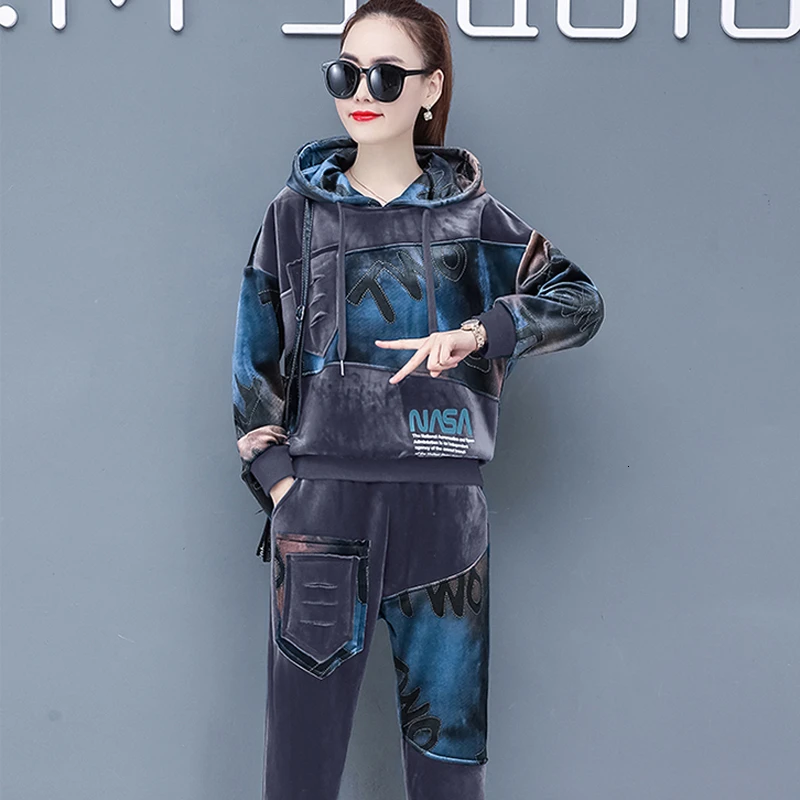 Plus Size Velvet Two 2 Piece Set Tracksuit For Women Warm Thick Outfits Hoodies Pant Suit Winter Festival Clothing Matching Sets