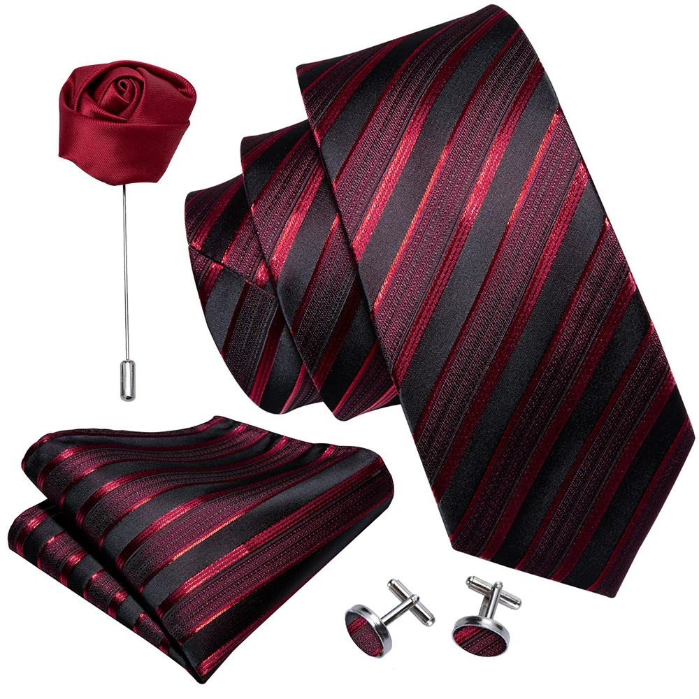 

Barry.wang New Red Men Wedding Tie Handkerchief Cufflinks Boutonniere Set Striped Silk Neck Ties For Men Gifts Fahsion Desingers