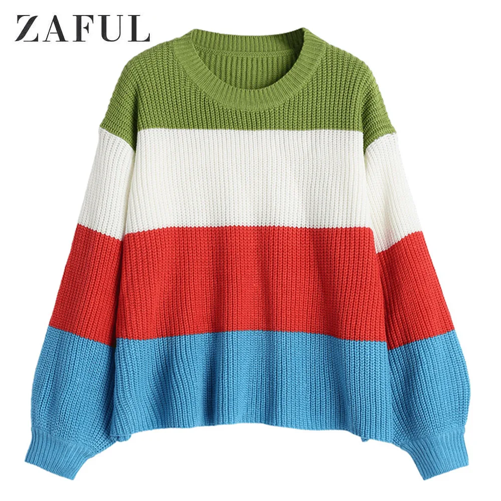 

ZAFUL Color Block Stripes Oversized Pullover Sweater Loose Round Neck Lantern Sleeve Top Kintted Fabric Colorful Sweater