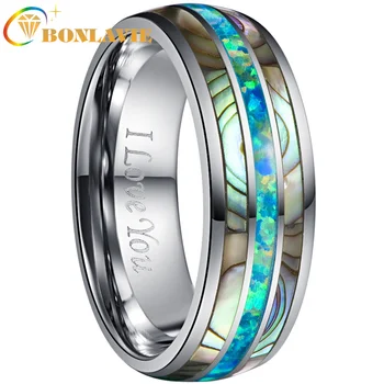 

BONLAVIE 8mm Wide Dome Steel Inlaid with Two Acacia + Green Color Opel Tungsten Steel Ring Men's Wedding Band Tungsten Carbide
