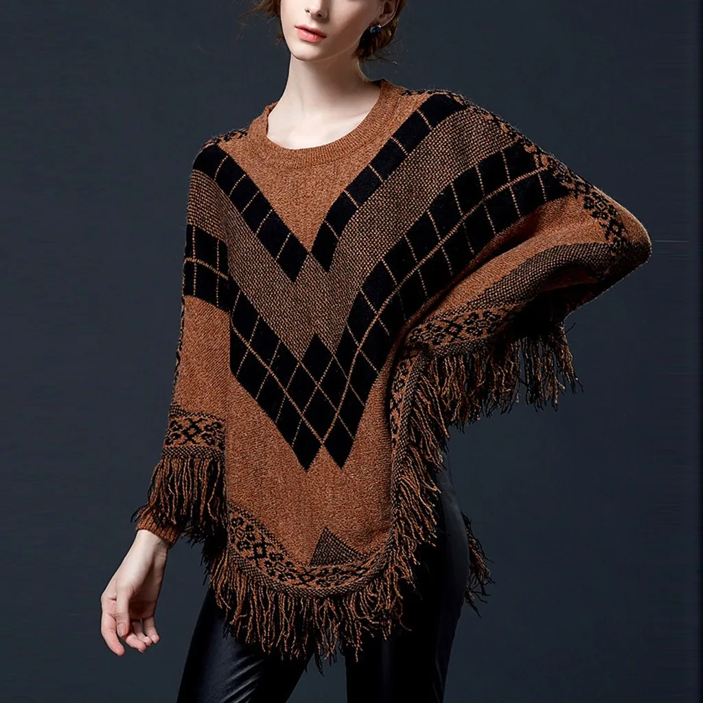 JAYCOSIN New Women Elegant Loose Sweaters Cloak Tassel Bat Sleeve Warm Soft Knitted Angyle Printed Pullover Tops Office Lady 126