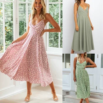 

Womens Casual Sundress Summer Boho Casual Long Summer Slip Evening Party Loose Beach Dress Deep V Neck Backless String Bandage