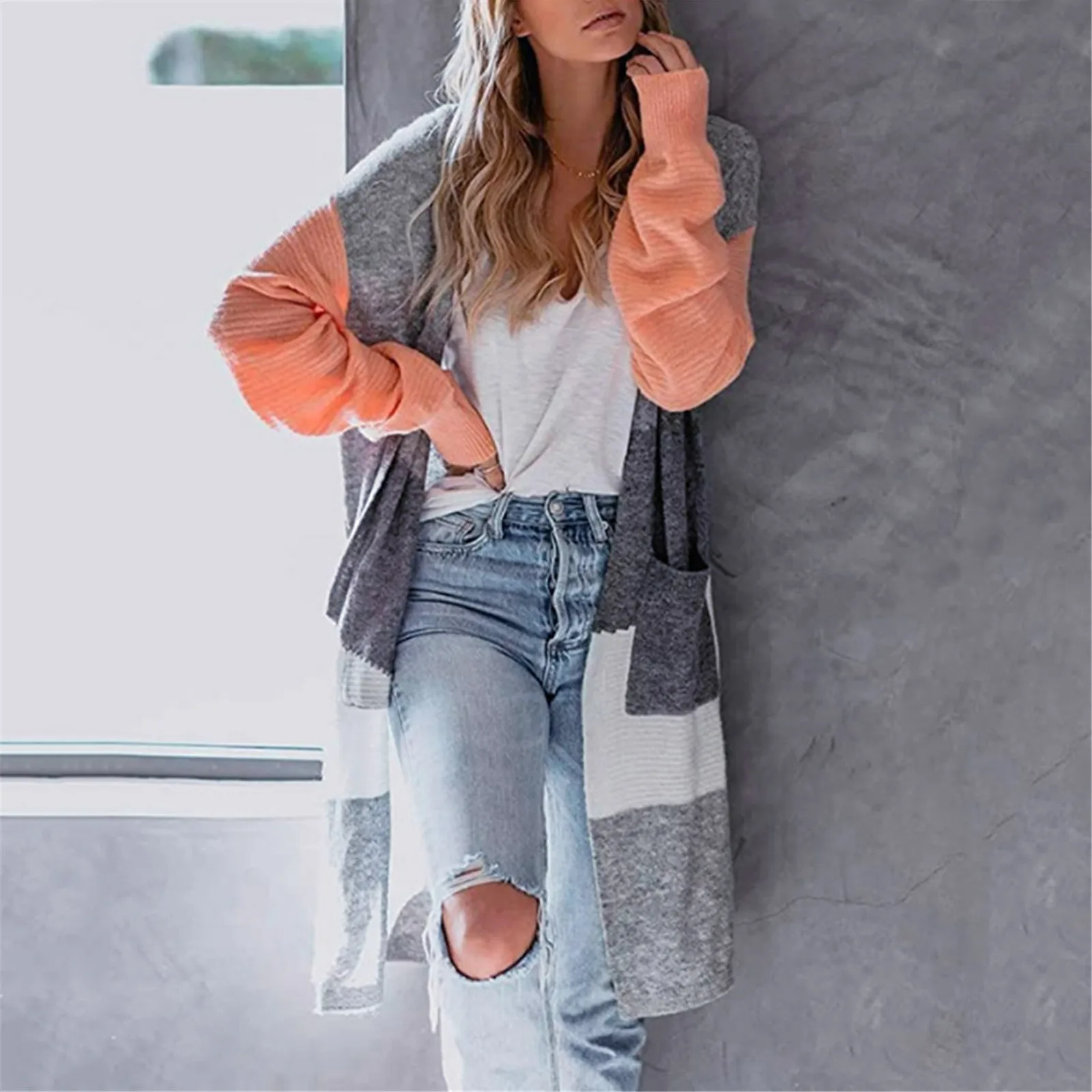 Pockets Open Front Cardigan Women 2021 Patchwork Knit Sweaters Boho Long Sleeve Jumpers Autumn Coat Sweater Streetwear | Женская одежда