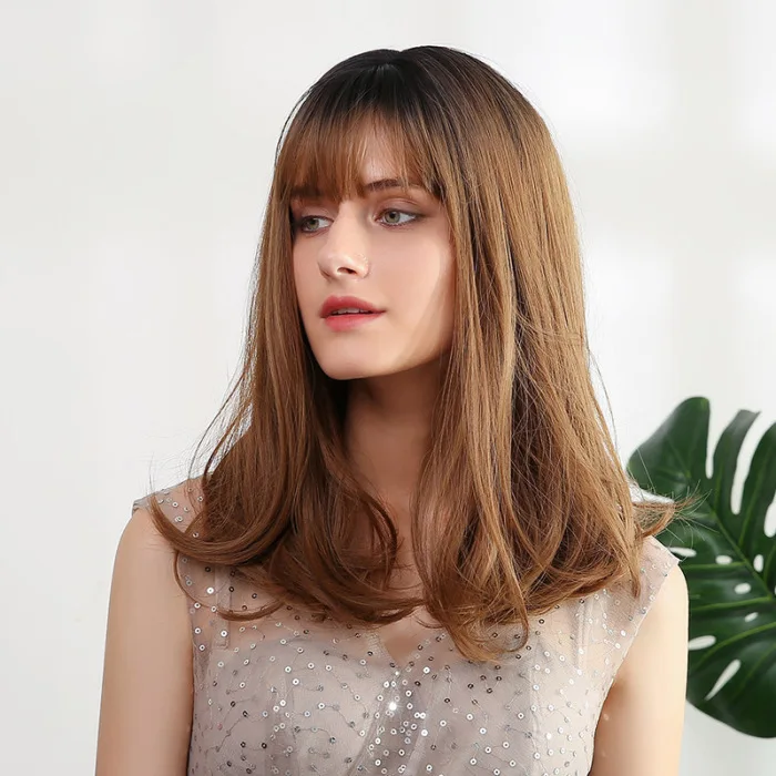 Best 16in Long Brown Wigs with Bangs Ombre Wavy Heat Resistant Synthetic Hair for Women QQ99